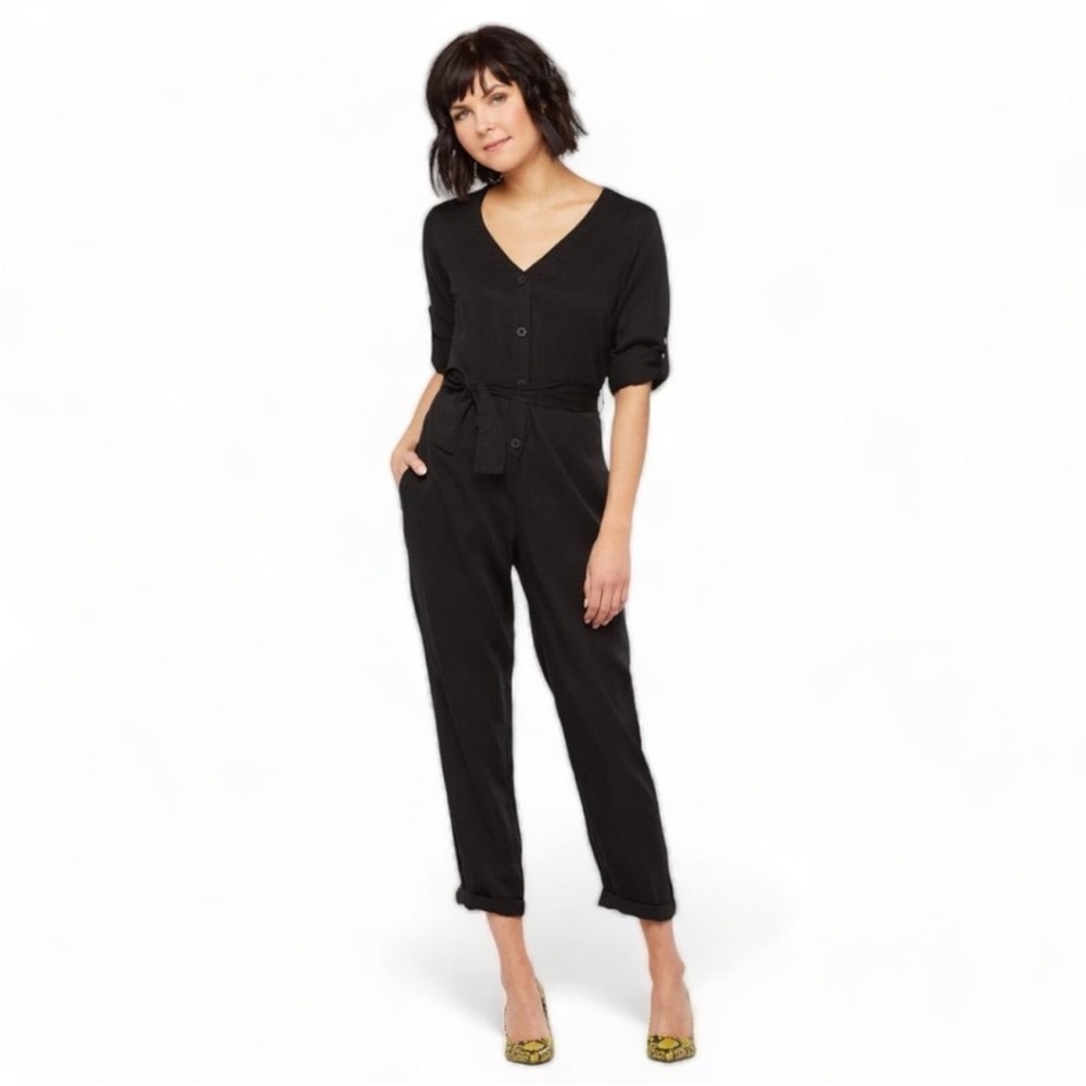 Anthropologie Cloth & Stone Black V-Neck Button Down Belted Jumpsuit Size XS